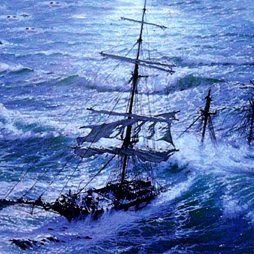 A ship battles turbulent waves under a stormy sky, with another vessel partially submerged in the background.