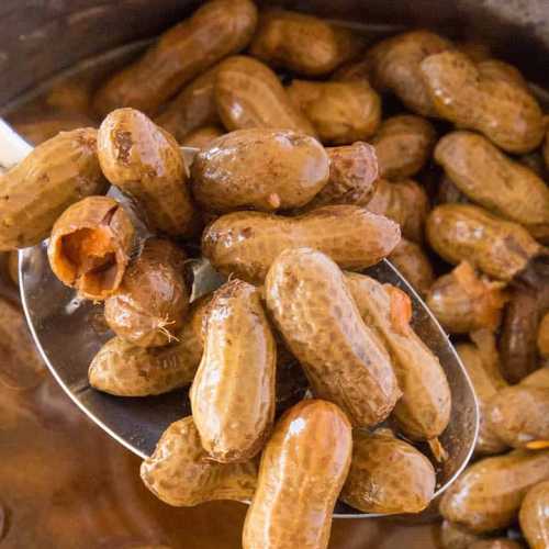 A spoonful of boiled peanuts, some shells open, revealing the soft, edible nuts inside.