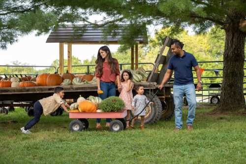 A family with three children enjoys a day at a pumpkin patch, pulling a wagon filled with pumpkins and gourds.