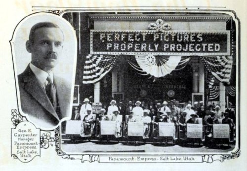 Historic photo of George E. Carpenter, manager of the Paramount-Empress theater in Salt Lake City, with a crowd outside.