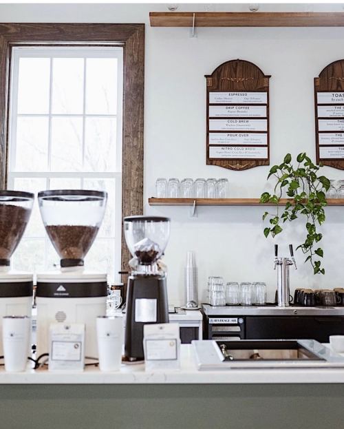 A cozy coffee shop interior featuring coffee grinders, a menu board, and a plant on the counter.