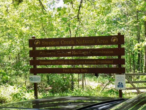 Sign for Sweden Creek Natural Area, Arkansas, with rules about plant removal and foot traffic only. Surrounded by greenery.