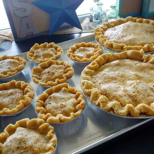 A variety of unbaked pies arranged on a table, featuring different sizes and crusts, ready for baking.