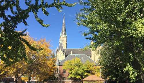 A tall church spire rises above colorful autumn trees against a clear blue sky.