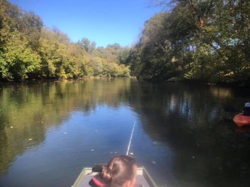 A person fishing from a boat on a calm river surrounded by lush green trees in autumn.