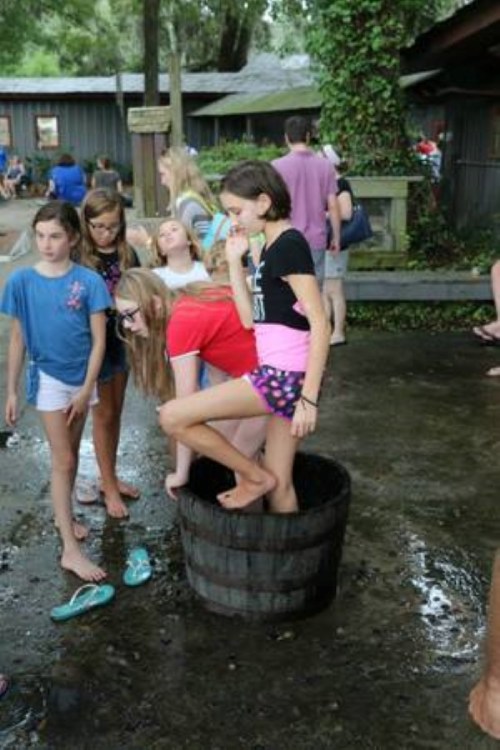 A group of children playfully gather around a wooden barrel, with one girl standing inside it, enjoying the moment.