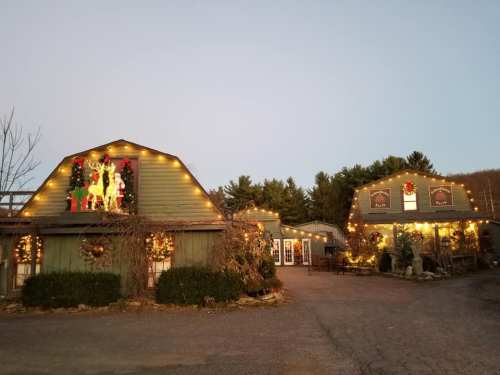 A festive building decorated with Christmas lights and wreaths, surrounded by trees at dusk.