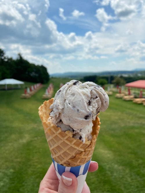 A hand holds a cone of cookies and cream ice cream against a scenic outdoor background with green grass and clouds.