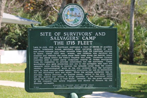 Sign detailing the Site of Survivors' and Salvagers' Camp from the 1715 Fleet, highlighting historical events and archaeological efforts.