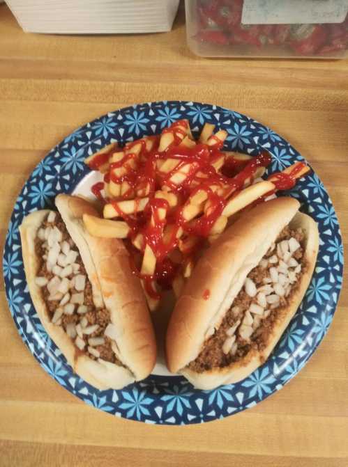 Two chili hot dogs topped with onions on a blue patterned plate, accompanied by fries drizzled with ketchup.