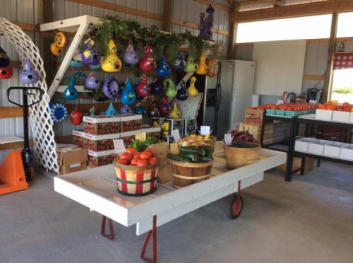 A farm stand with colorful gourds hanging, baskets of fresh produce, and shelves of fruits and vegetables.