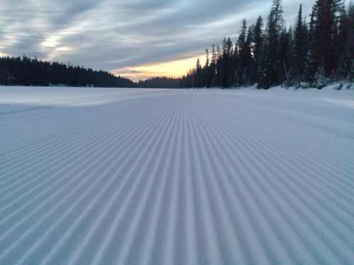 Snow-covered landscape with rippled patterns, surrounded by trees and a soft sunset in the background.