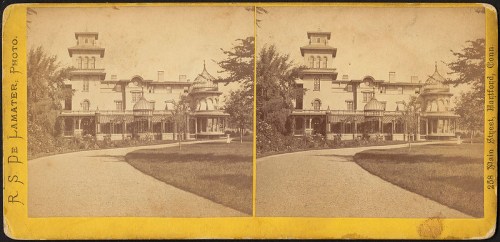 Historic black-and-white photo of a large mansion with a garden, taken in Hartford, Connecticut.