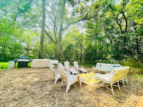 A cozy outdoor seating area with chairs and a table surrounded by trees and greenery.