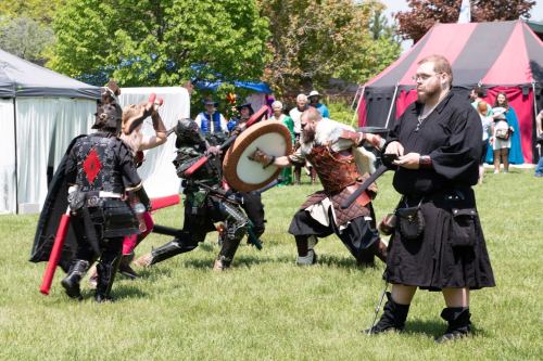 A group of people in medieval costumes engage in a mock battle on a grassy field during a festival.