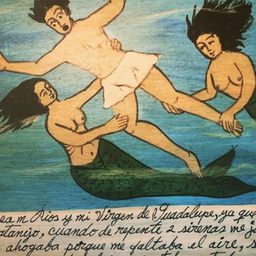 Three figures, two women and a mermaid, are depicted in a dynamic, flowing scene, expressing movement and emotion.