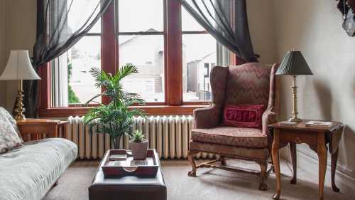 Cozy living room with a patterned armchair, a sofa, a coffee table, and a potted plant by a large window.