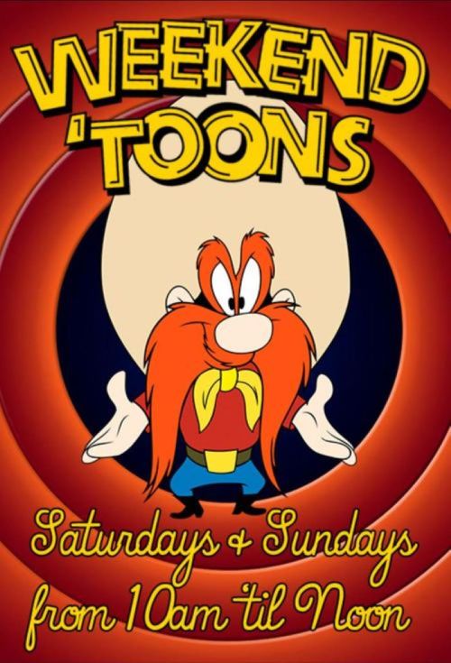 Cartoon character with a big mustache and cowboy hat, promoting "Weekend Toons" on Saturdays and Sundays from 10am to noon.