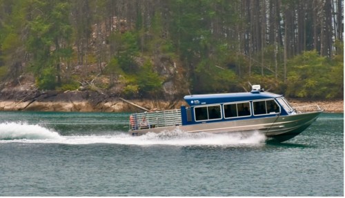 A silver and blue boat speeds across a calm lake, surrounded by lush green trees and rocky shores.