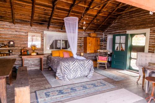Cozy cabin interior featuring a zebra-striped bed, wooden furniture, and rustic decor with a welcoming green door.