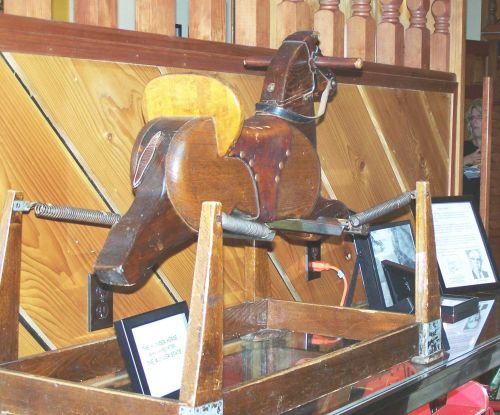 A vintage wooden rocking horse displayed on a stand, with informational plaques in the background.