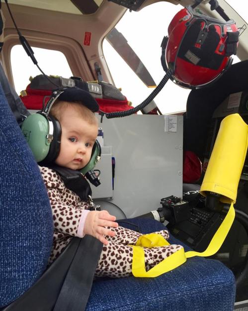 A baby in a helicopter cockpit, wearing headphones and a leopard-print outfit, seated with safety straps.