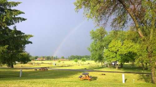 A vibrant rainbow arcs over a green park with picnic tables and trees under a partly cloudy sky.