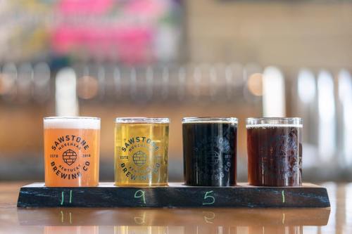 Four small glasses of beer in a flight, showcasing different colors and styles, on a wooden paddle.