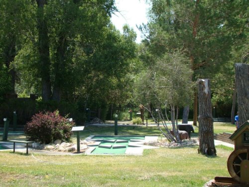 A scenic mini-golf course surrounded by trees and greenery, with pathways and obstacles visible in the background.