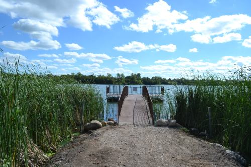 A wooden dock extends into a calm lake, surrounded by tall grasses and a clear blue sky with fluffy clouds.