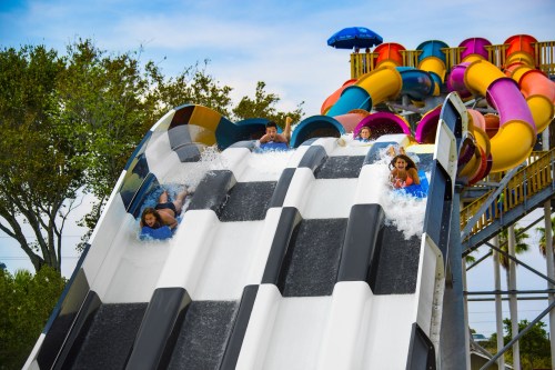 Four people slide down a colorful water slide, splashing into the pool below, with trees and a blue sky in the background.