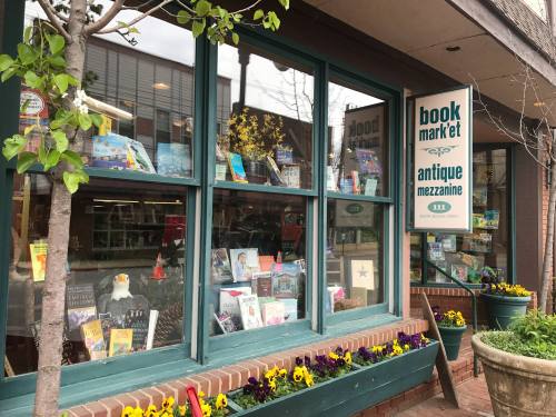 A cozy bookstore window displaying colorful books and plants, with a sign for "Book Market" and "Antique Mezzanine."