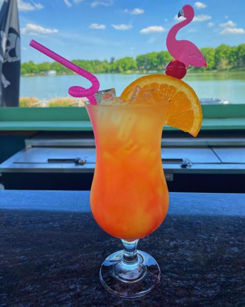 A colorful cocktail with a pink flamingo stirrer, orange slice, and cherry, set against a scenic lake view.