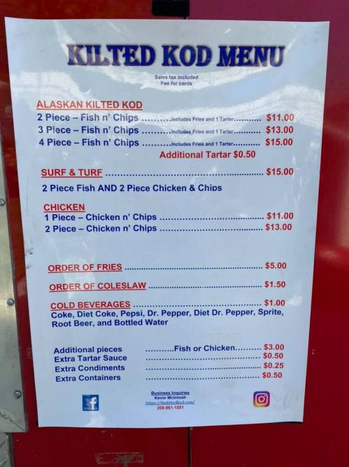 Menu for Kilted Kod featuring prices for fish, chicken, fries, coleslaw, and beverages.