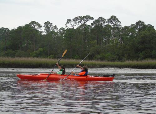 Two people paddle a bright orange kayak through calm waters surrounded by lush greenery.