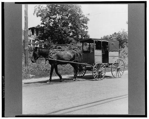 A horse-drawn carriage on a dirt road, with trees and a house in the background. Black and white photo.