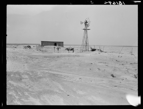 A windmill stands near a small shed in a barren landscape, with a few animals nearby under a clear sky.