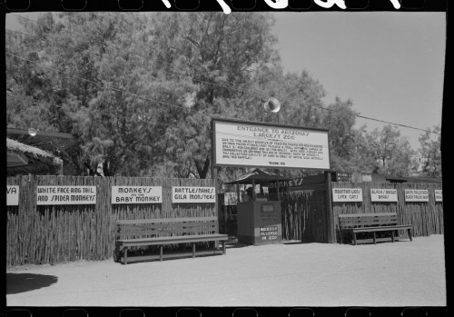 Entrance to Arizona's ZOO, featuring signs about attractions and rules, with benches and a rustic fence in the background.