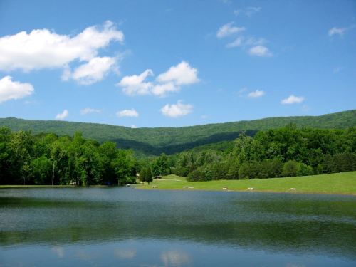 A serene lake surrounded by lush green trees and rolling hills under a bright blue sky with fluffy white clouds.