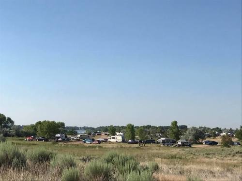 A wide view of a campsite with several RVs and cars surrounded by greenery and a clear blue sky.