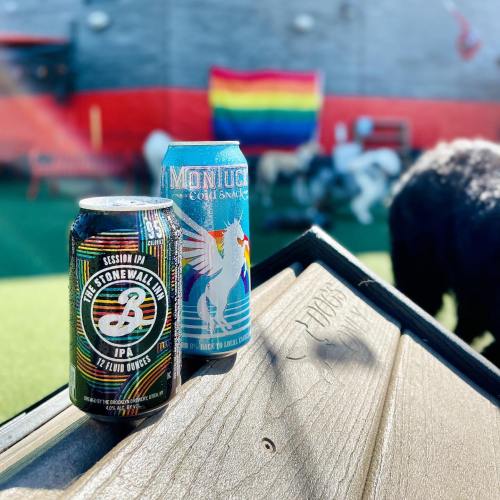 Two colorful cans of beer on a wooden surface, with a rainbow flag in the background and a dog nearby.