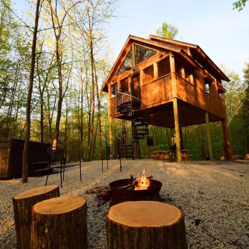 A wooden treehouse on stilts surrounded by trees, with a fire pit and seating area in a serene outdoor setting.