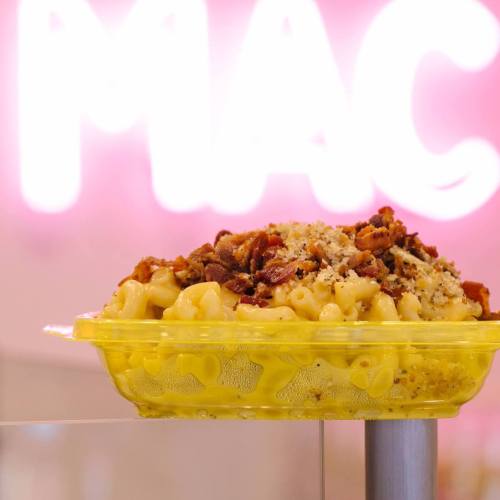 A close-up of a bowl of macaroni and cheese topped with crispy bacon and breadcrumbs, set against a bright background.
