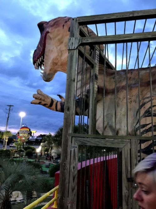 A large dinosaur statue in a cage at dusk, with a person partially visible in the foreground.