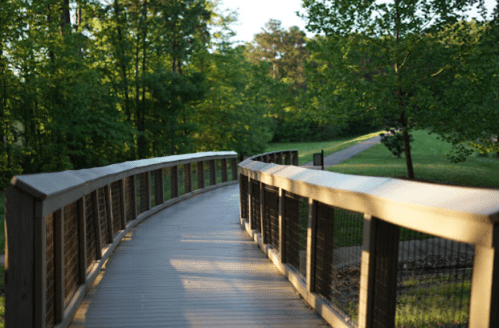 A wooden bridge curves through a lush green park, surrounded by trees and sunlight.