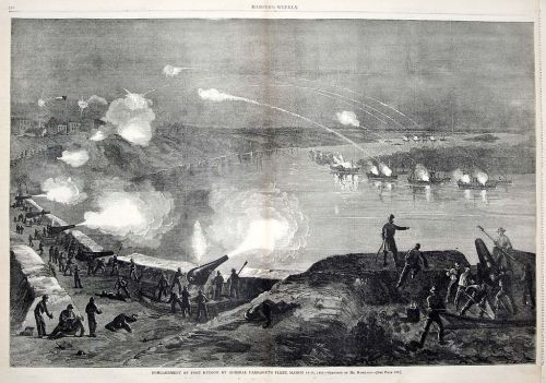 Illustration of a historical battle scene with cannons firing and ships in the water, depicting intense military action.
