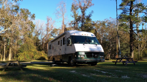 An RV parked in a wooded area with picnic tables and trees under a clear blue sky.