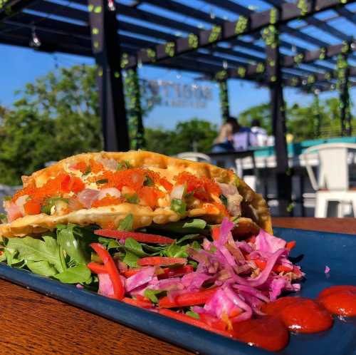 A plate featuring a taco filled with fresh toppings, served with a colorful salad and a drizzle of sauce, outdoors.