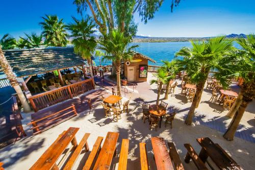 A sunny beachside scene with palm trees, wooden tables, and a thatched-roof hut by the water.