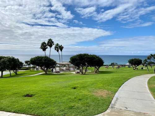 A scenic view of a grassy park with palm trees and the ocean under a partly cloudy sky.